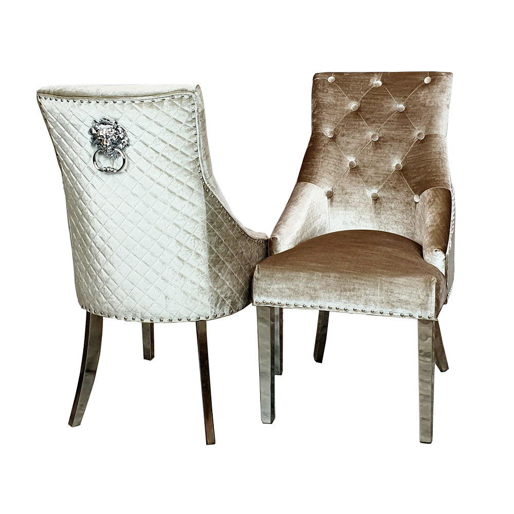 Bentley Dining Chair with Lion Knocker in Shimmer Beige Velvet