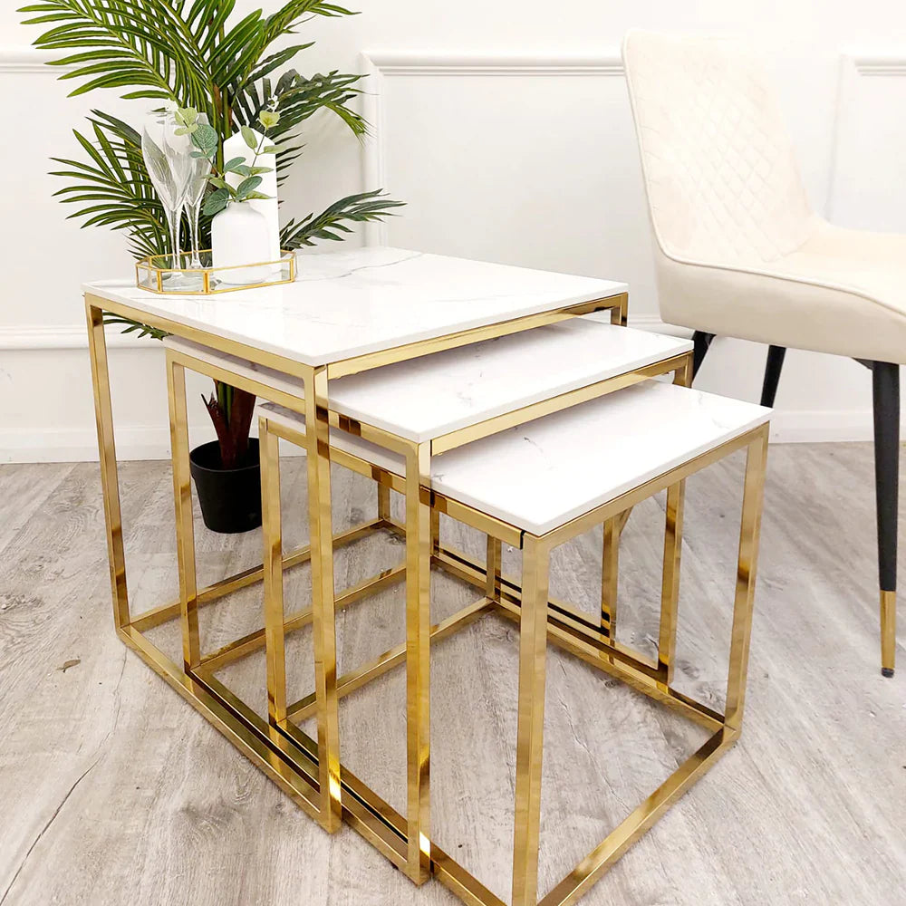 Cato Nest Tables 3pc Square Gold/White