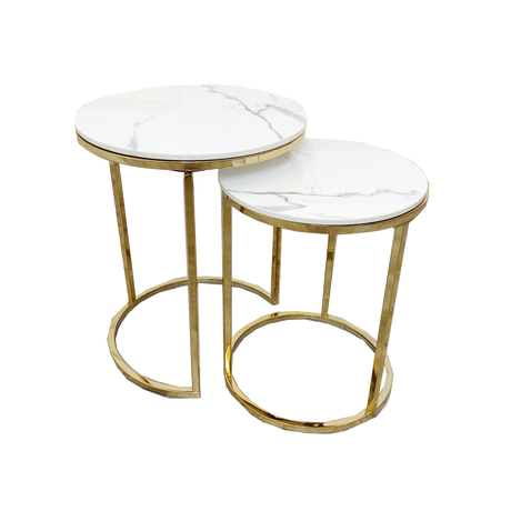 Cato Nest of 2 Tall Gold Tables with Polar White Sintered Stone Tops