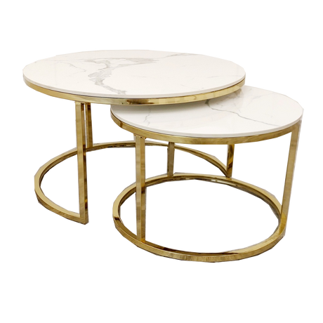 Cato Nest of 2 Short Gold Tables with Polar White Sintered Stone Tops