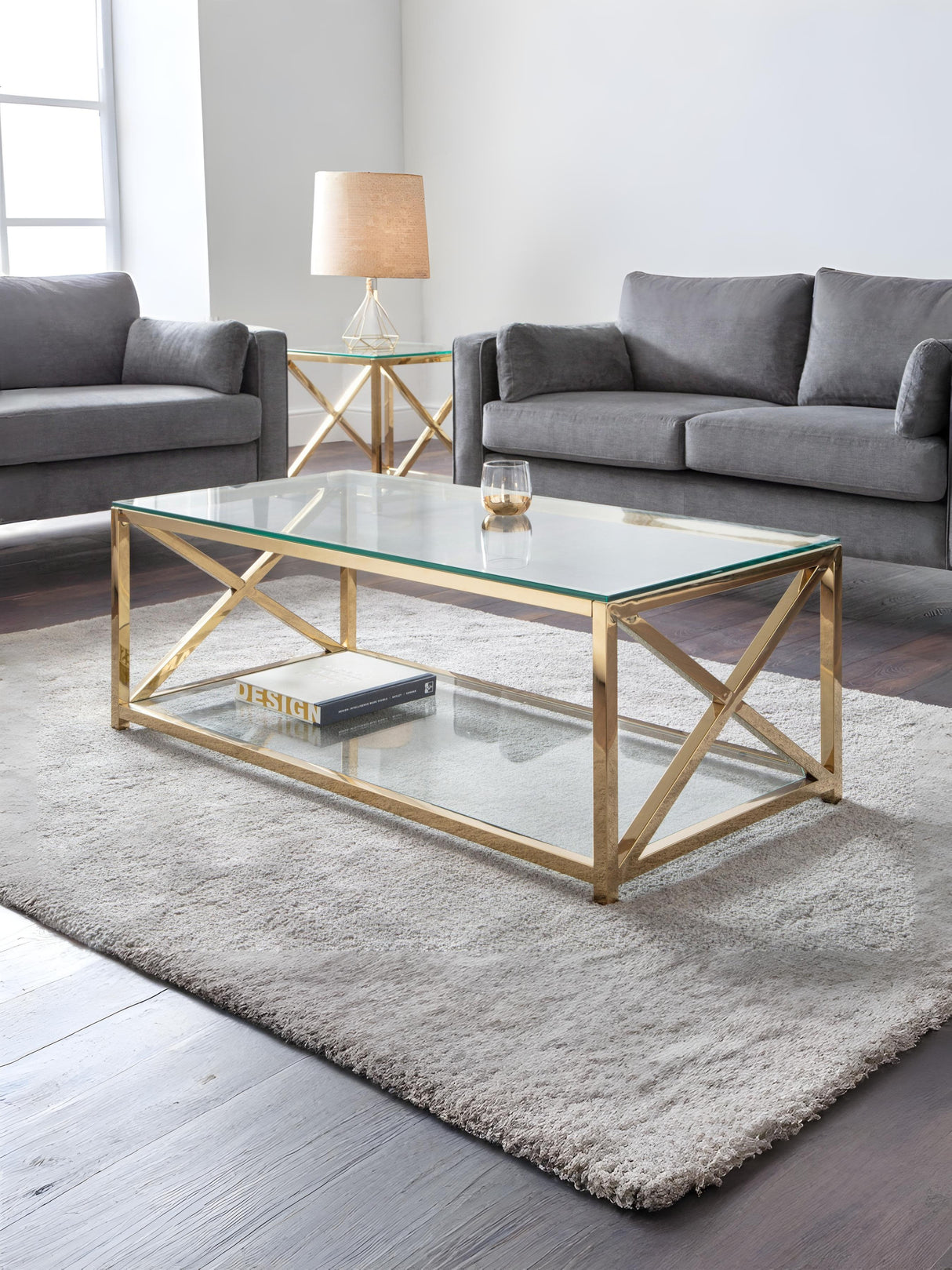 Miami Glass Top Cross Frame Coffee Table with Shelf