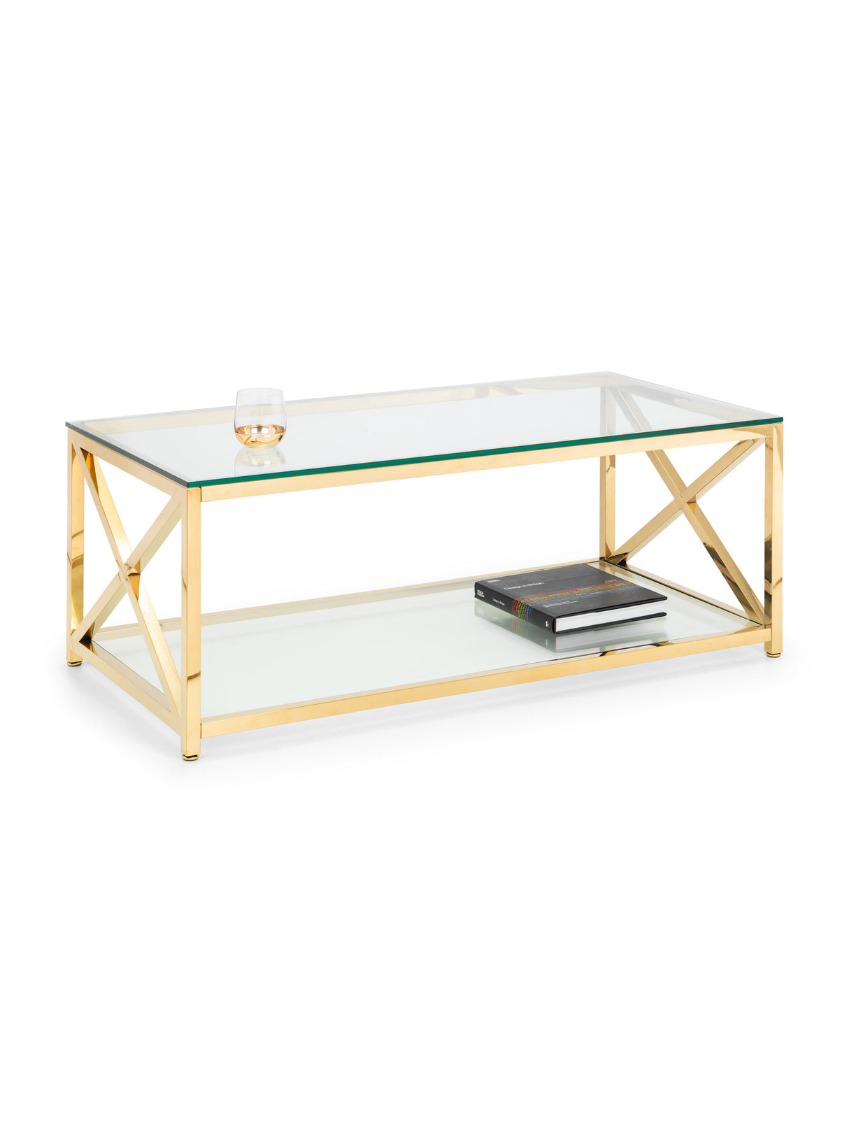 Miami Glass Top Cross Frame Coffee Table with Shelf