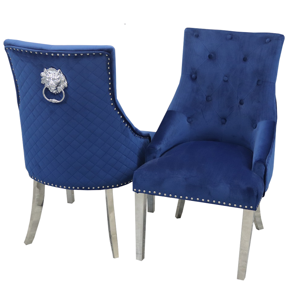 Bentley Dining Chair with Lion Knocker in Blue Velvet