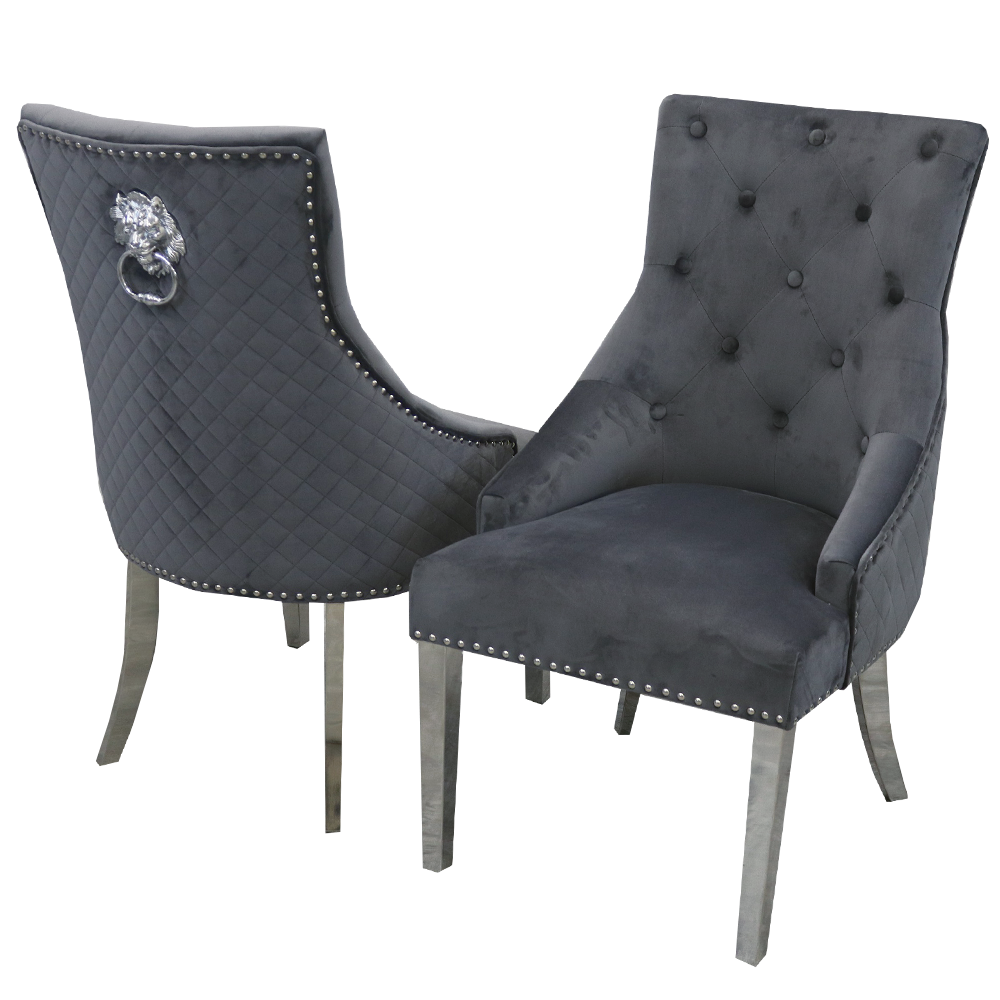 Bentley Dining Chair with Lion Knocker in Dark Grey Velvet