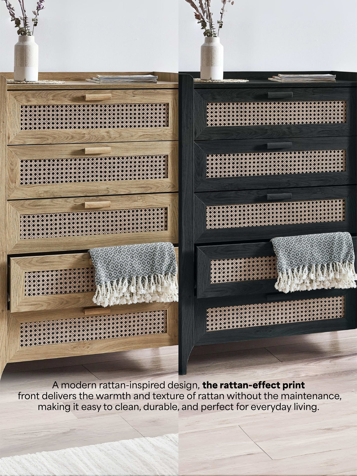 Sydney Rattan Print 5 Drawer Chest