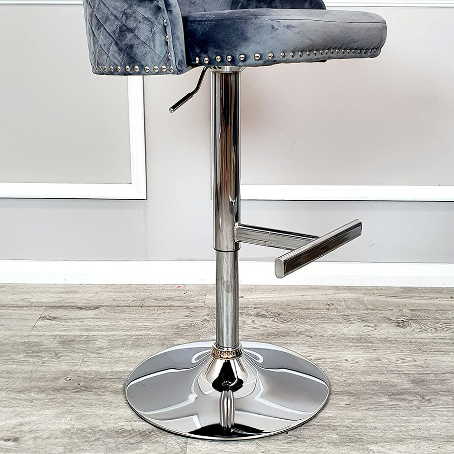 Bentley Bar Stool in Dark Grey Velvet with Lion Knocker
