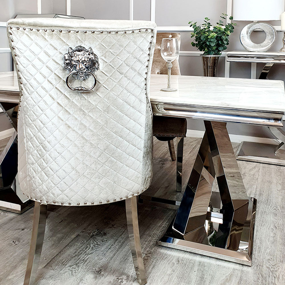 Bentley Dining Chair with Lion Knocker in Shimmer Beige Velvet