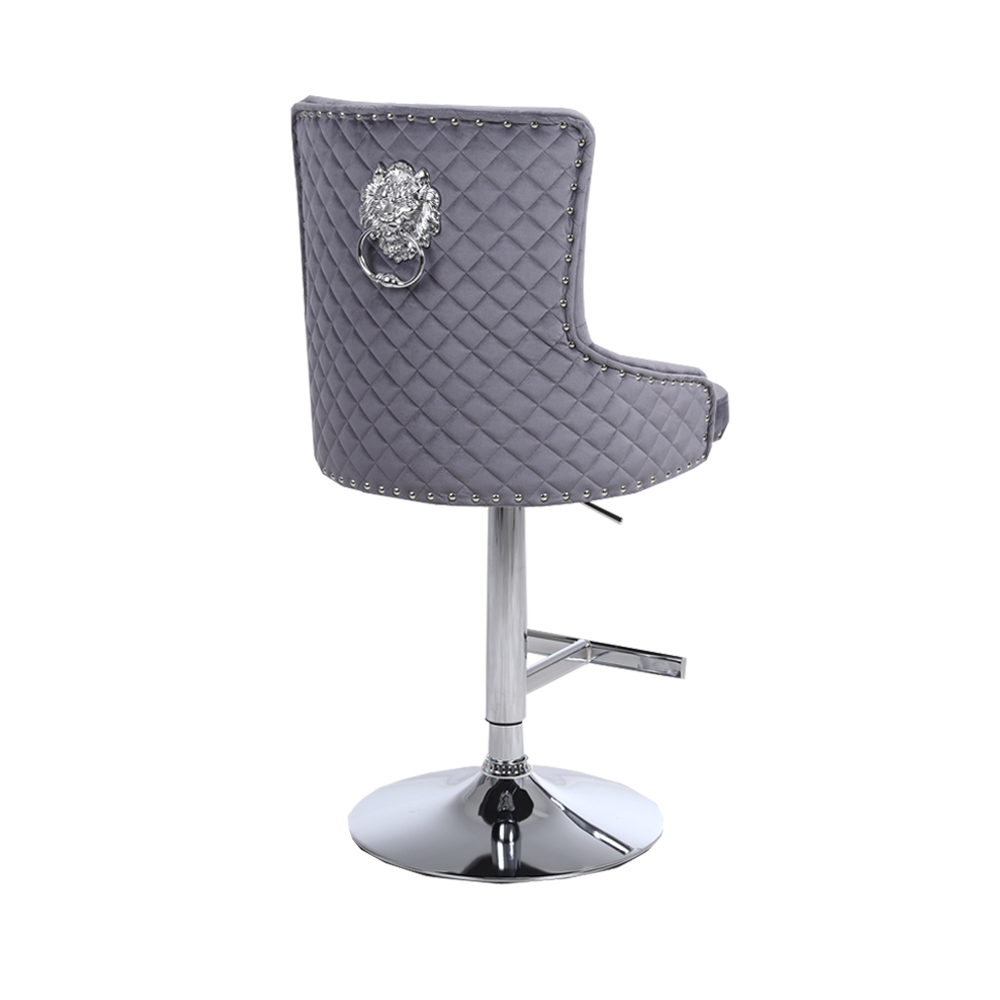Bentley Bar Stool in Dark Grey Velvet with Lion Knocker