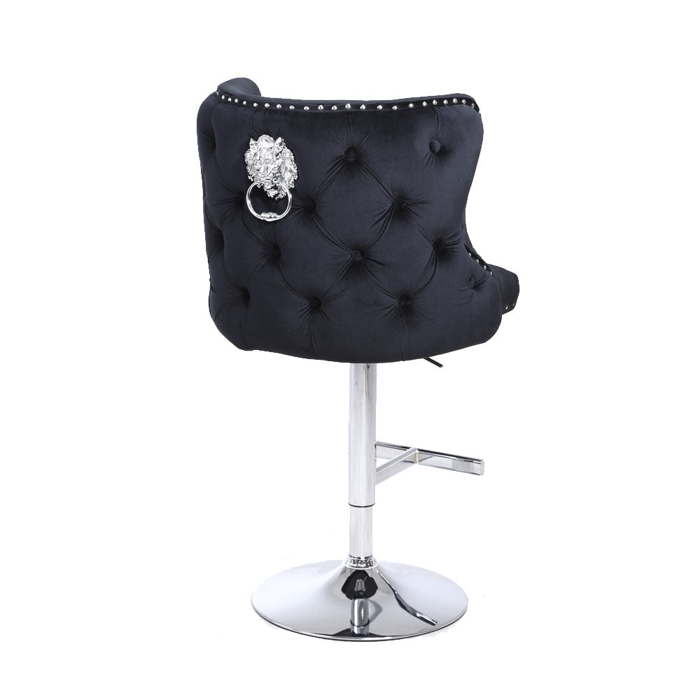 Chelsea Bar Stool in Black Velvet with Lion Knocker