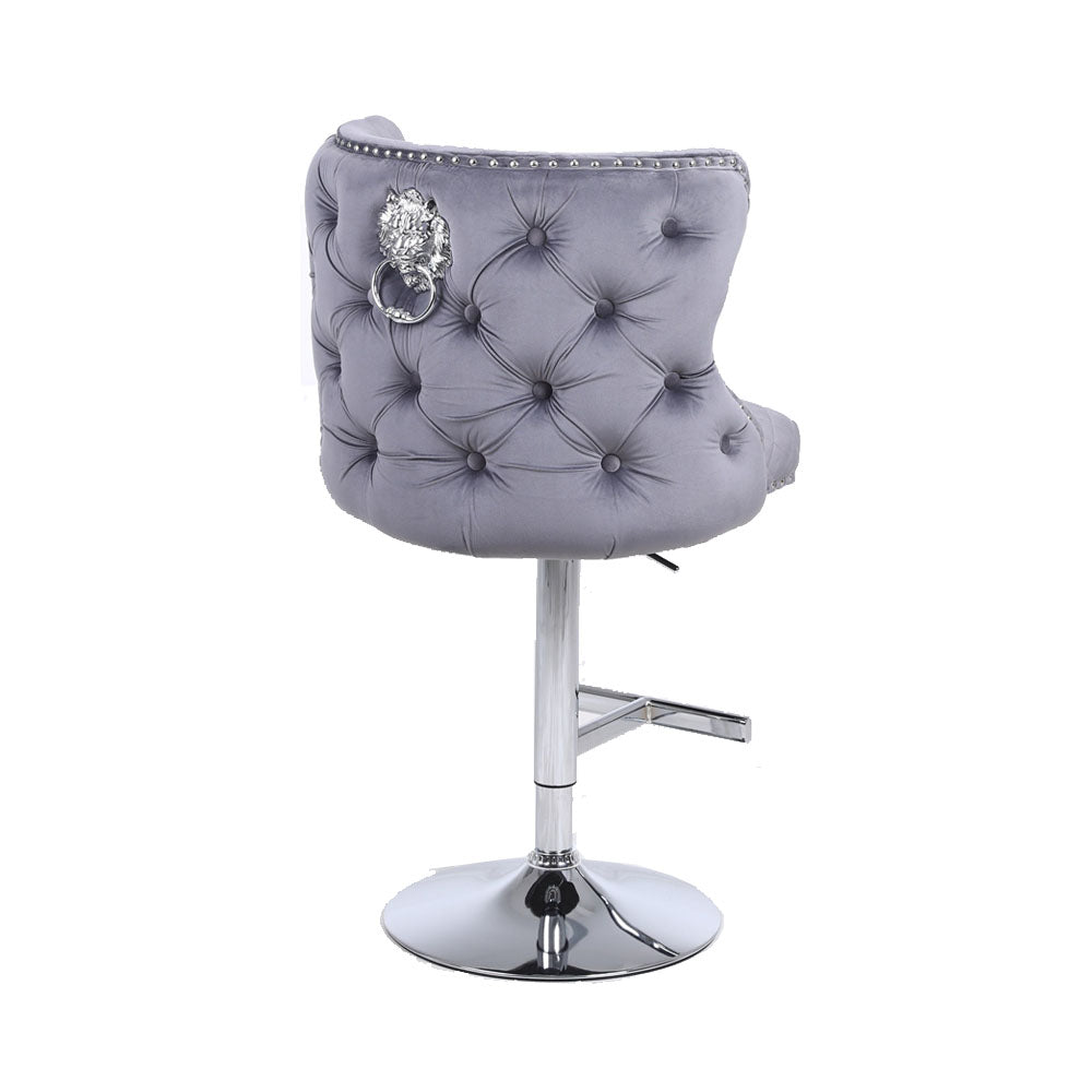 Chelsea Bar Stool in Dark Grey Velvet with Lion Knocker