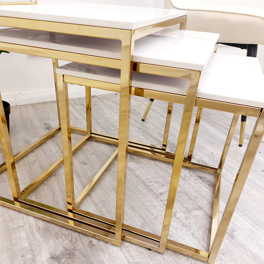 Cato Nest Tables 3pc Square Gold/White