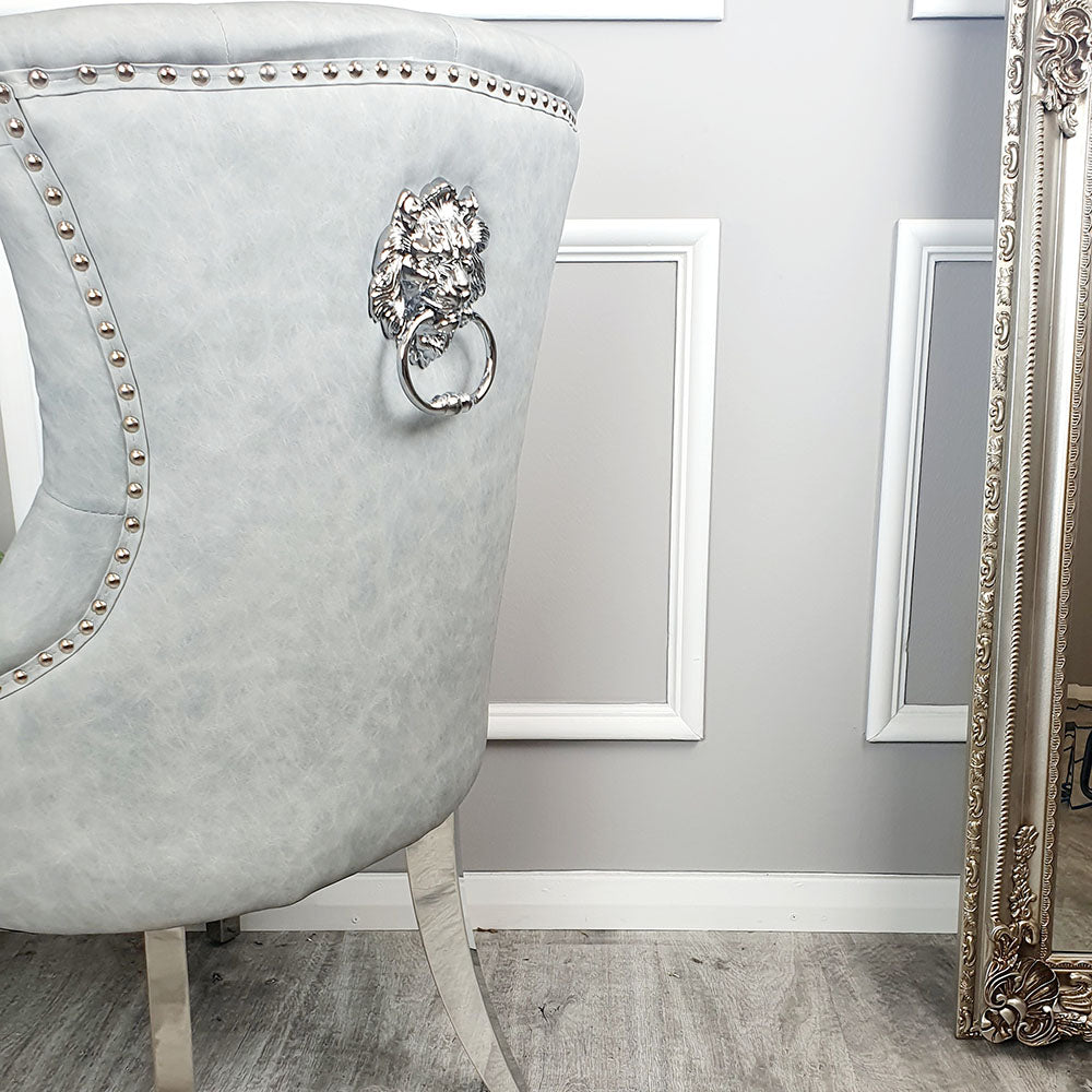 Megan dining Chair Light Grey Leather with Lion Knocker