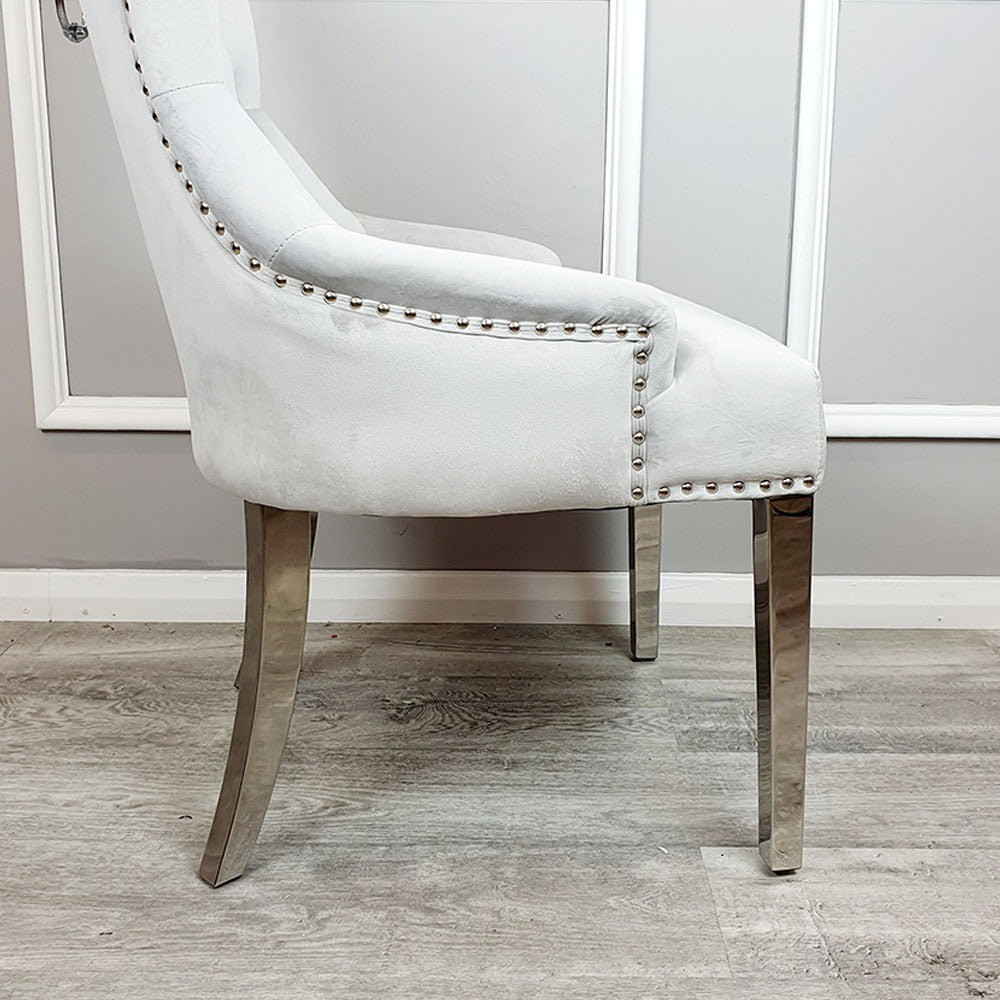 Megan dining Chair Light Grey Velvet with Lion Knocker