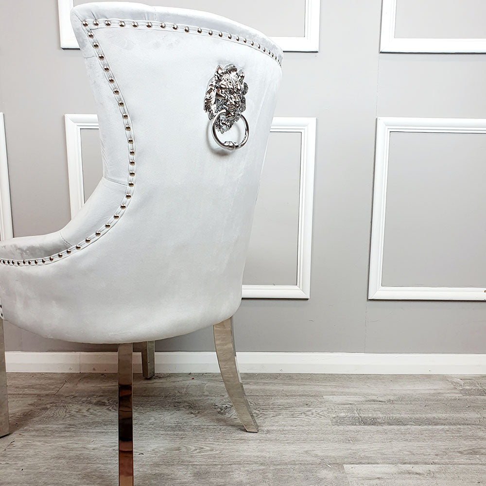 Megan dining Chair Light Grey Velvet with Lion Knocker