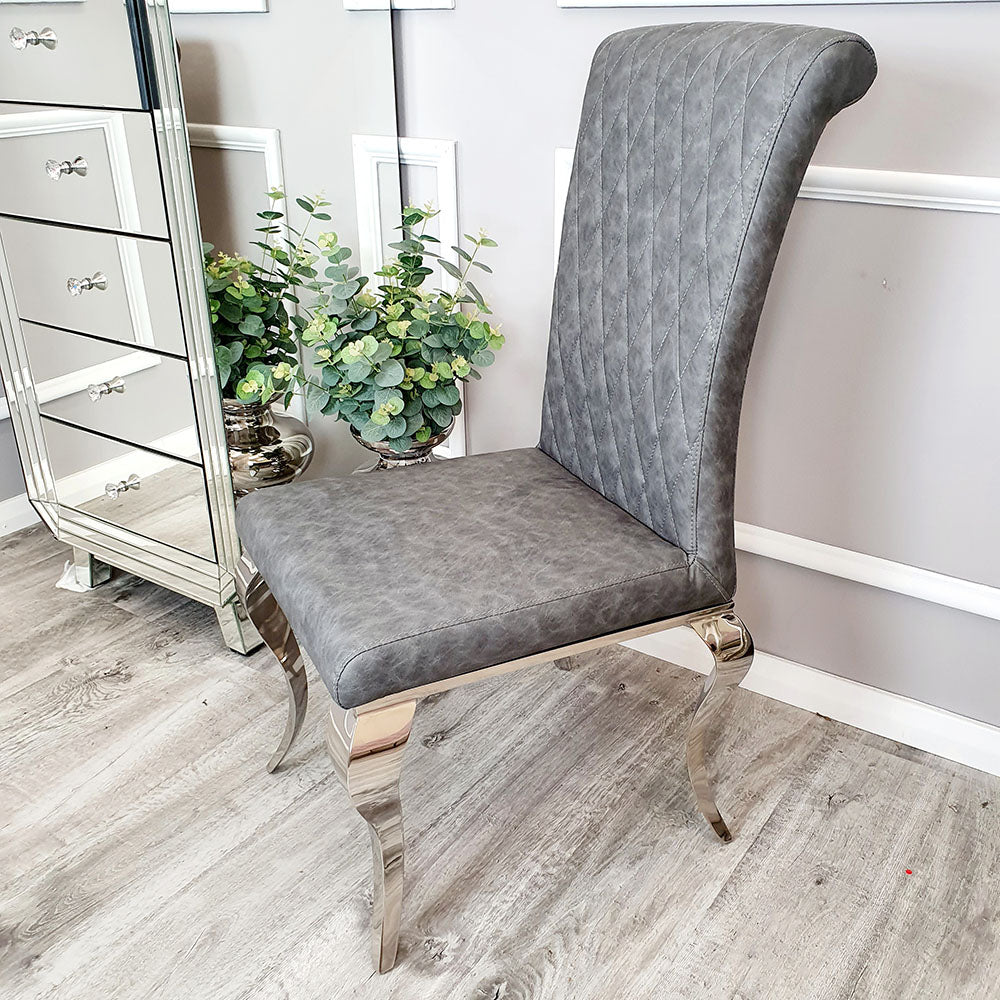 Nicole Dining Chair in Dark Grey Leather with a cross stitch detail