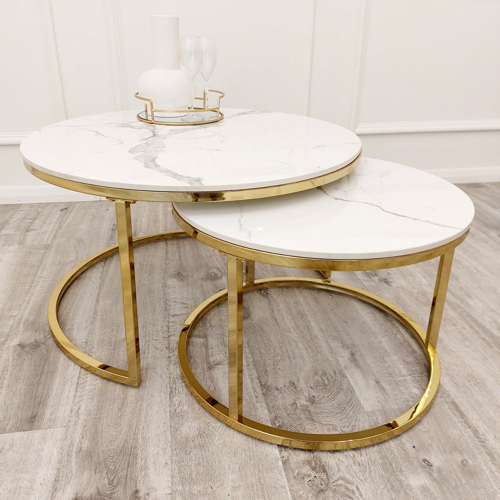 Cato Nest of 2 Short Gold Tables with Polar White Sintered Stone Tops