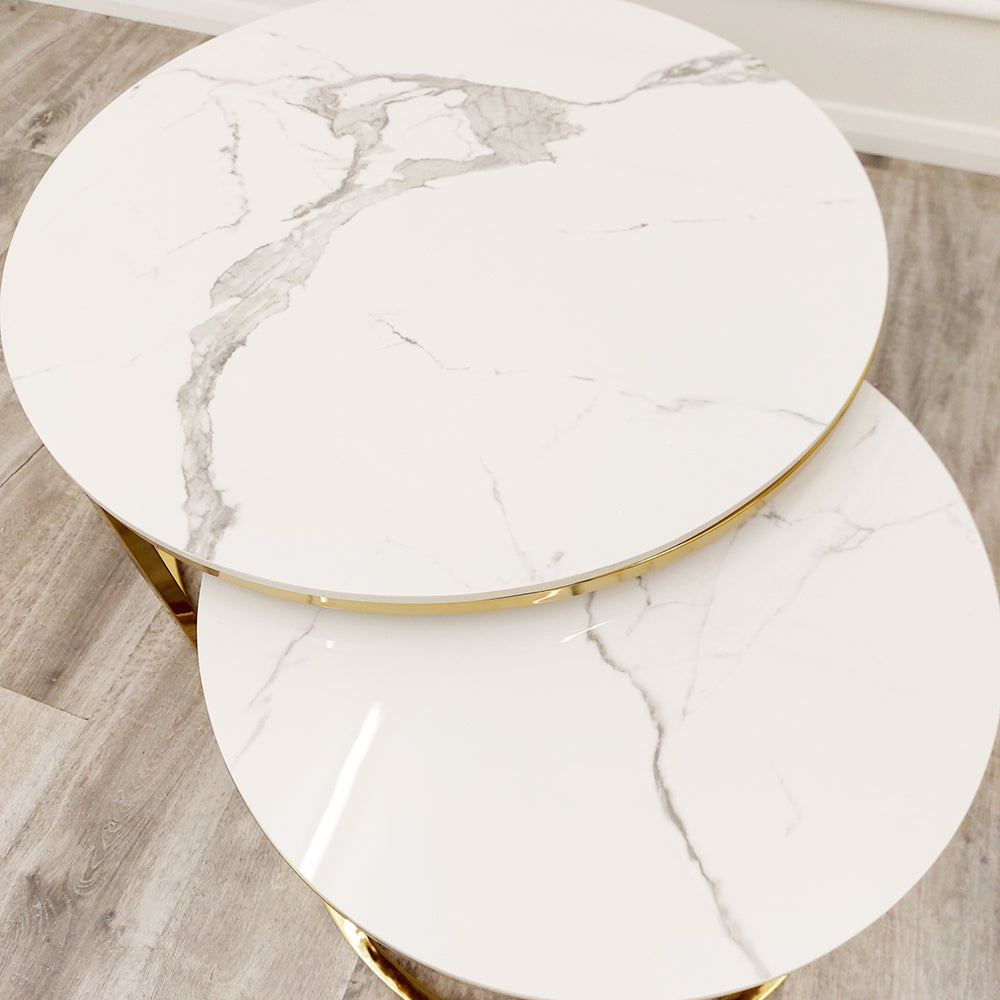 Cato Nest of 2 Short Gold Tables with Polar White Sintered Stone Tops