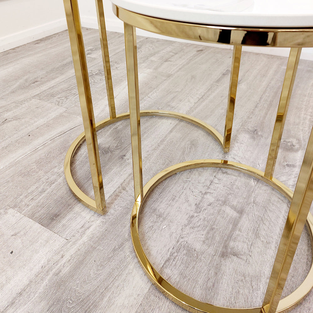 Cato Nest of 2 Tall Gold Tables with Polar White Sintered Stone Tops
