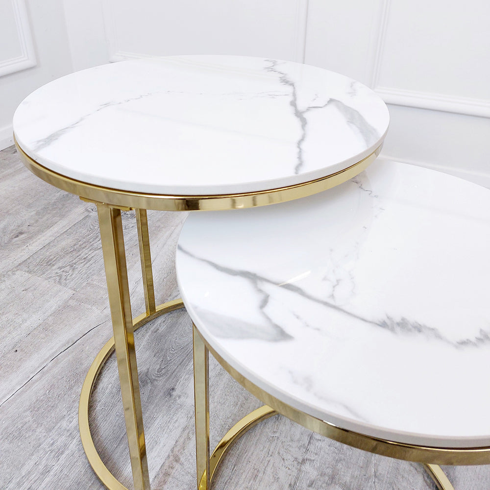 Cato Nest of 2 Tall Gold Tables with Polar White Sintered Stone Tops