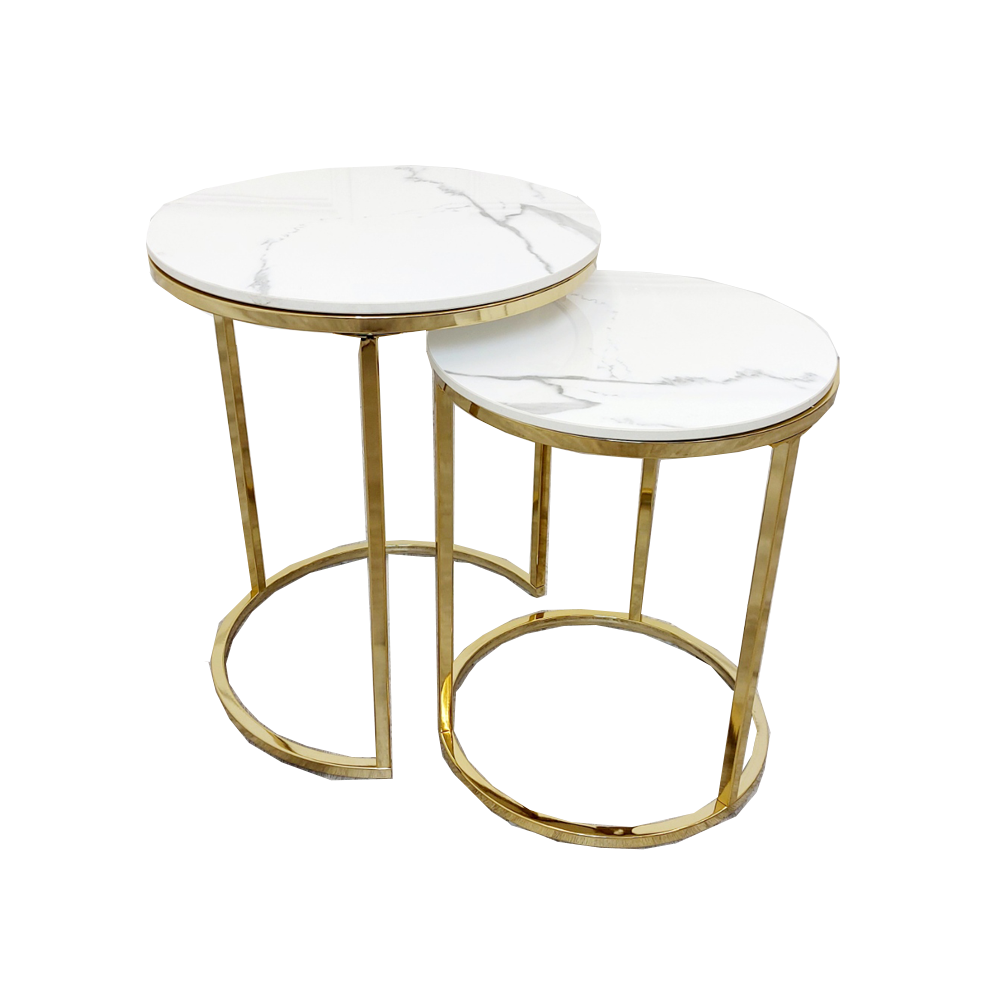 Cato Nest of 2 Tall Gold Tables with Polar White Sintered Stone Tops