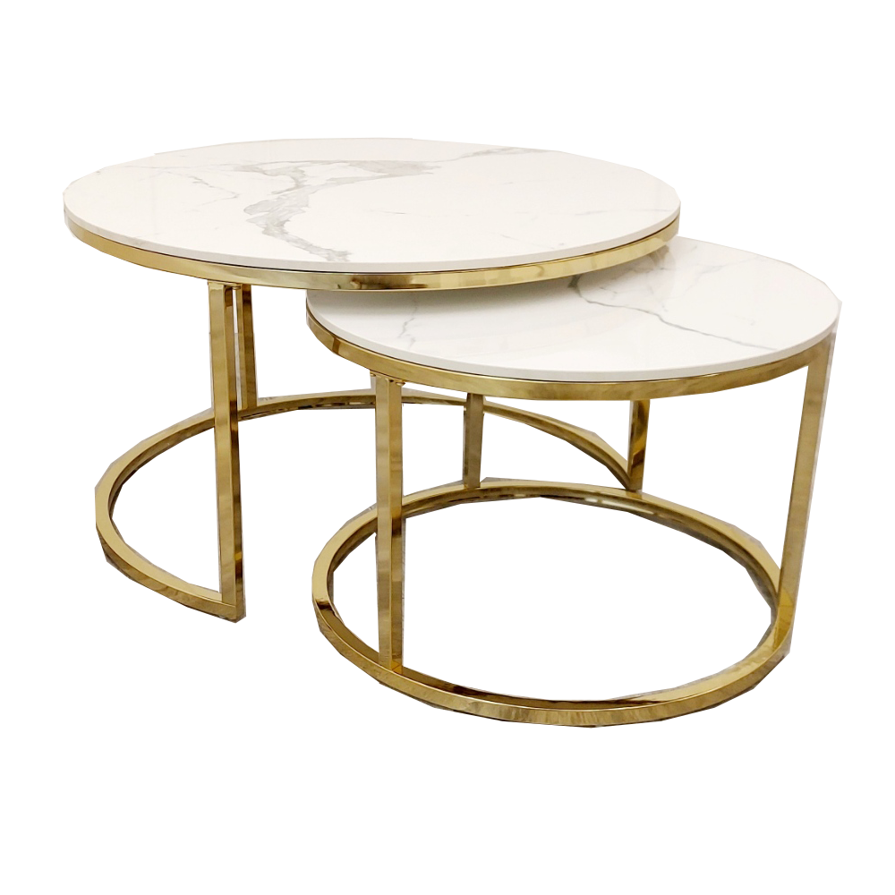 Cato Nest of 2 Short Gold Tables with Polar White Sintered Stone Tops