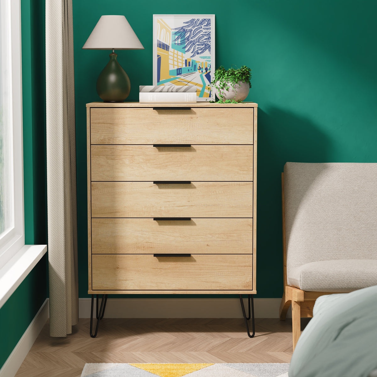 Hong Kong (Black Hairpin Legs) 5 Drawer Chest