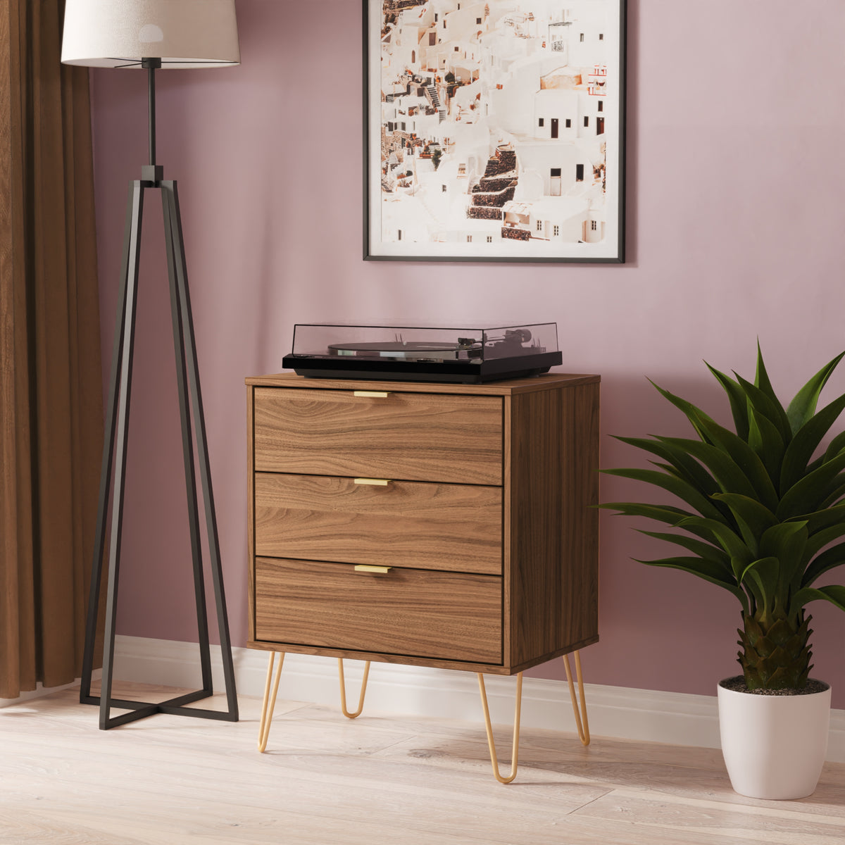 Hong Kong (Gold Hairpin Legs) 3 Drawer Midi Chest with Legs