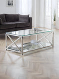 Miami Glass Top Cross Frame Coffee Table with Shelf