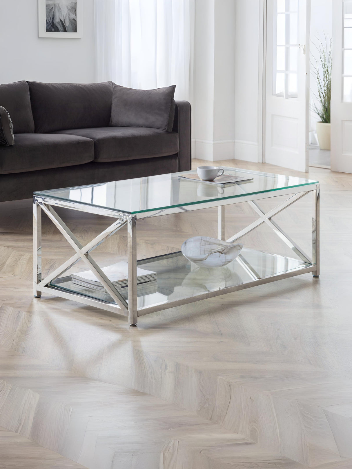 Miami Glass Top Cross Frame Coffee Table with Shelf