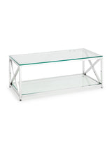 Miami Glass Top Cross Frame Coffee Table with Shelf