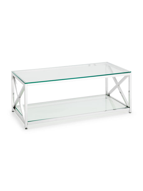 Miami Glass Top Cross Frame Coffee Table with Shelf