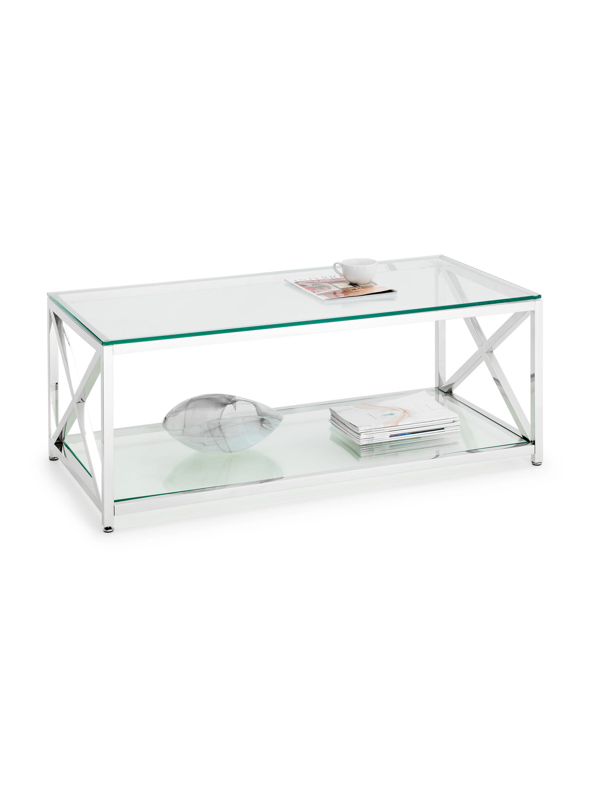 Miami Glass Top Cross Frame Coffee Table with Shelf