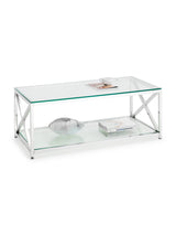 Miami Glass Top Cross Frame Coffee Table with Shelf
