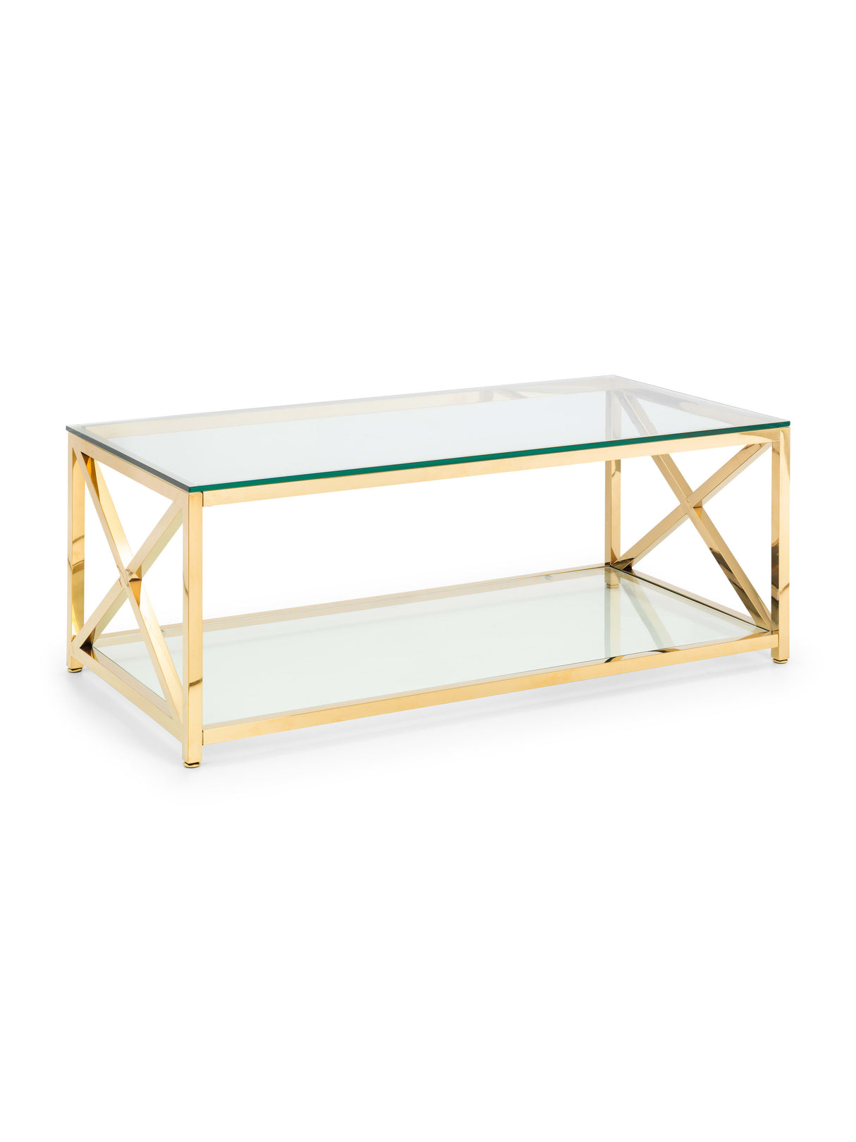 Miami Glass Top Cross Frame Coffee Table with Shelf