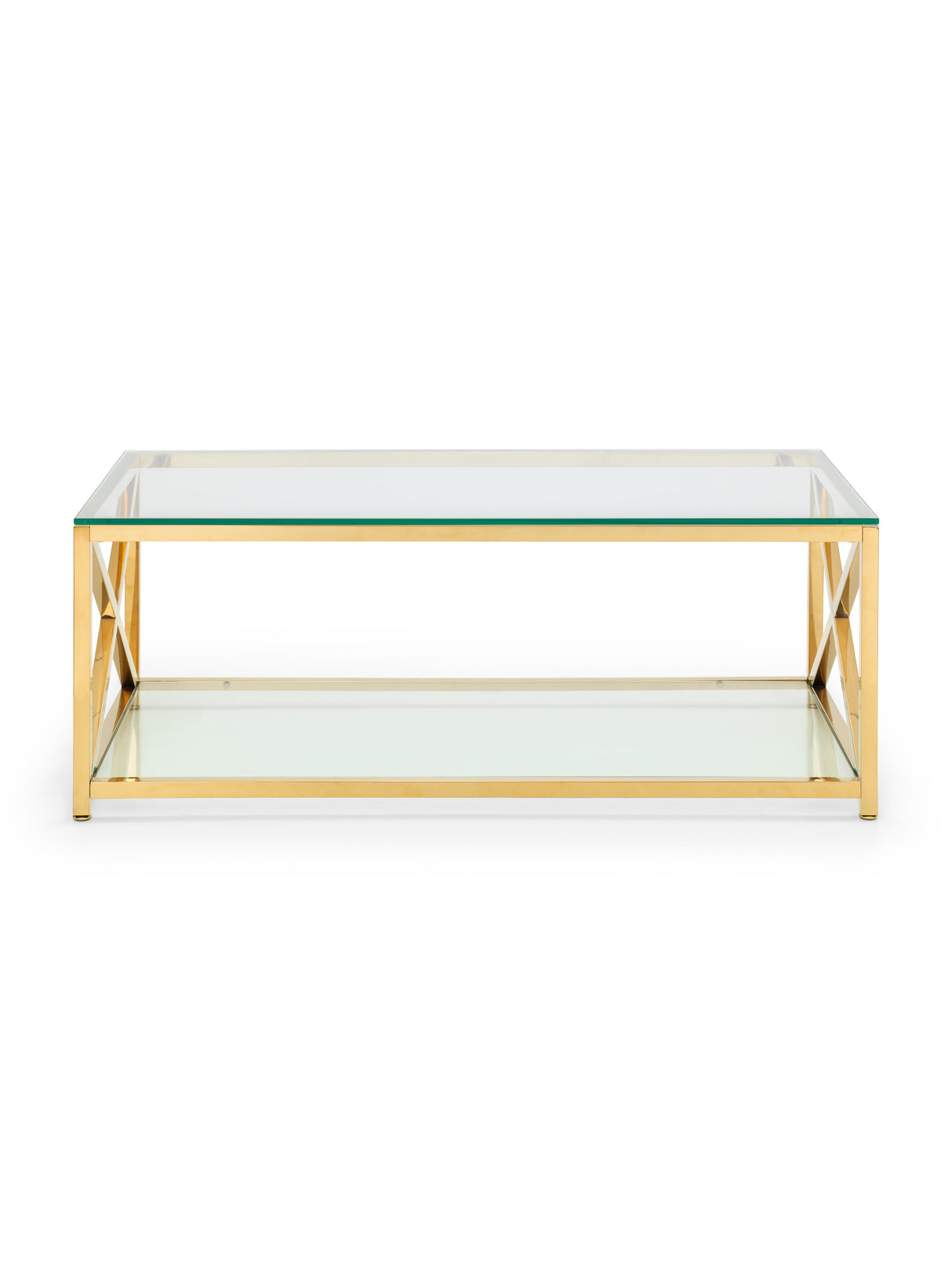 Miami Glass Top Cross Frame Coffee Table with Shelf