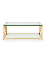 Miami Glass Top Cross Frame Coffee Table with Shelf
