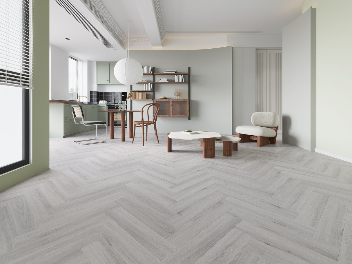 Allora Rigid Herringbone Vinyl Flooring Oxford Grey