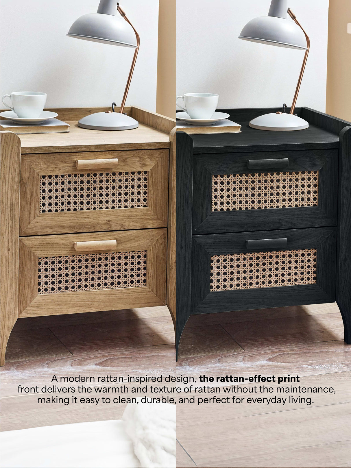 Sydney Rattan Print 2 Drawer Bedside Table