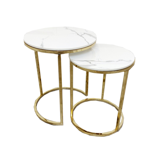 Cato Nest of 2 Tall Gold Tables with Polar White Sintered Stone Tops