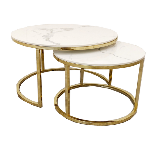 Cato Nest of 2 Short Gold Tables with Polar White Sintered Stone Tops